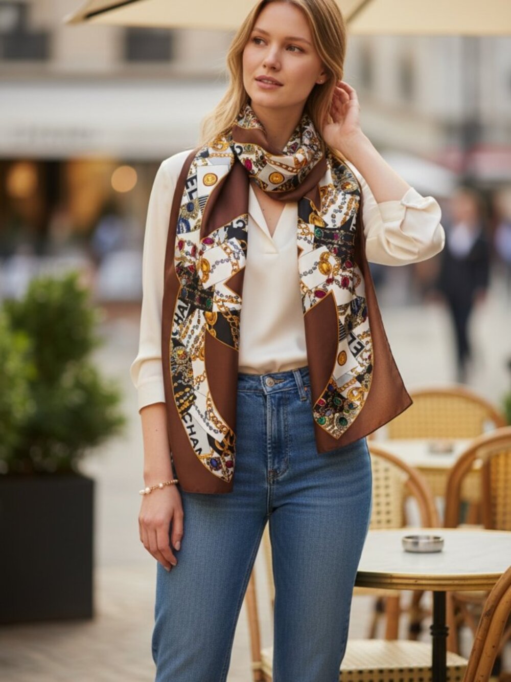 🤎 Chanel Paris Silk Scarf Brown Chain & Jewel Print Luxury Designer